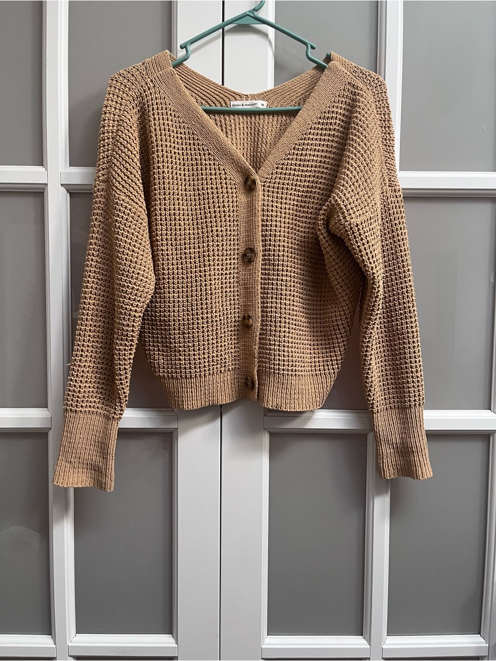 Moon & Madison Tan/Camel Colored Cardigan with big buttons and v neck